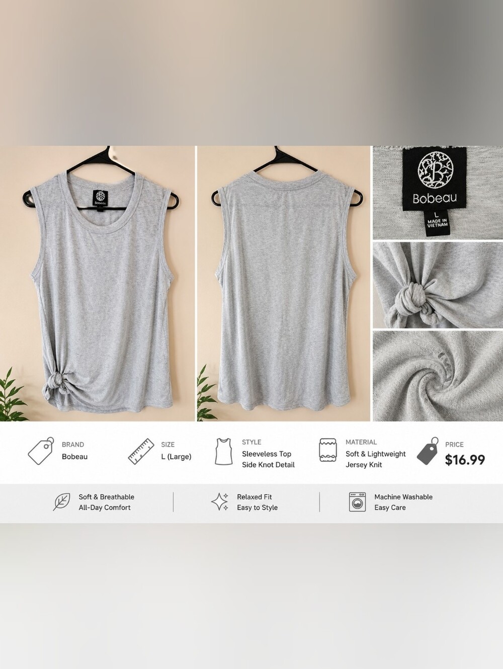 bobeau Light Gray Sleeveless Knot-Detail Tank Top
